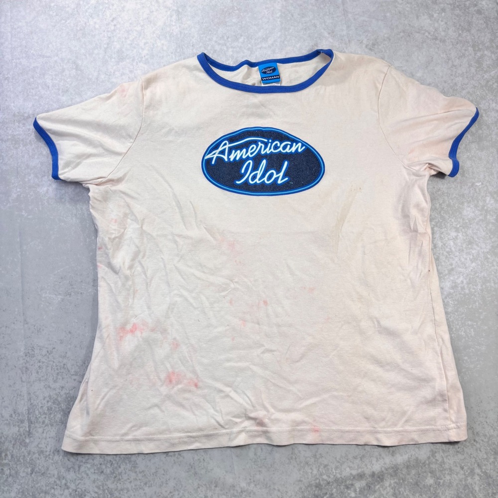 American Idol Jerky Leigh Y2K Ringer T-Shirt Women 18/20 Distressed Stained